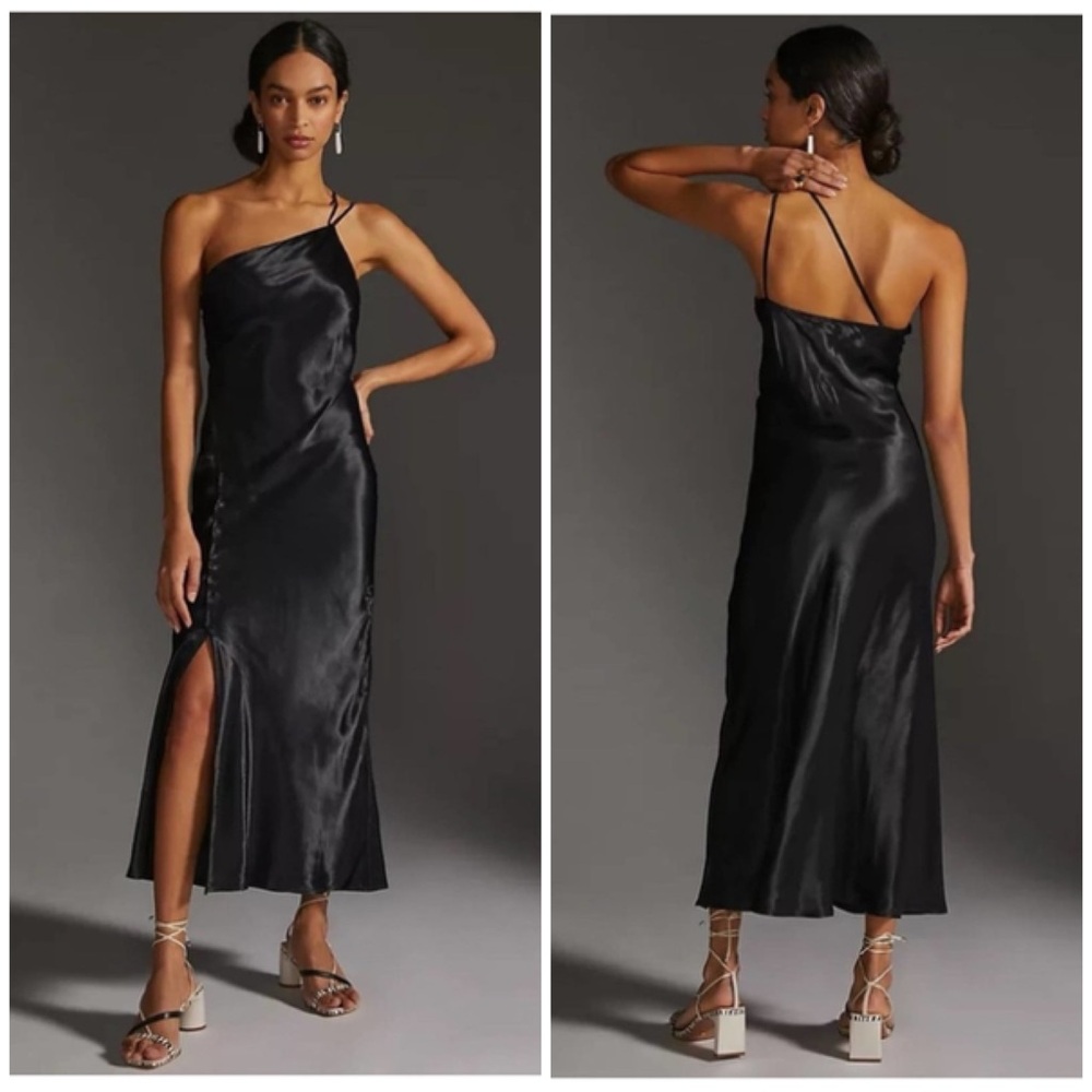 Anthropologie Bl-nk London Black Satin One Shoulder Slip Midi Dress Plus 22W